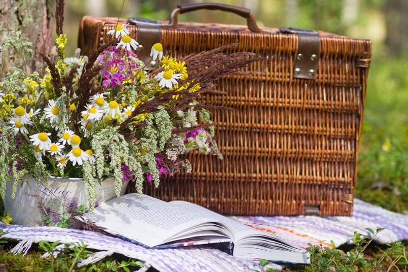 Picnic basket, flowers, and a book on a blanket in a field.